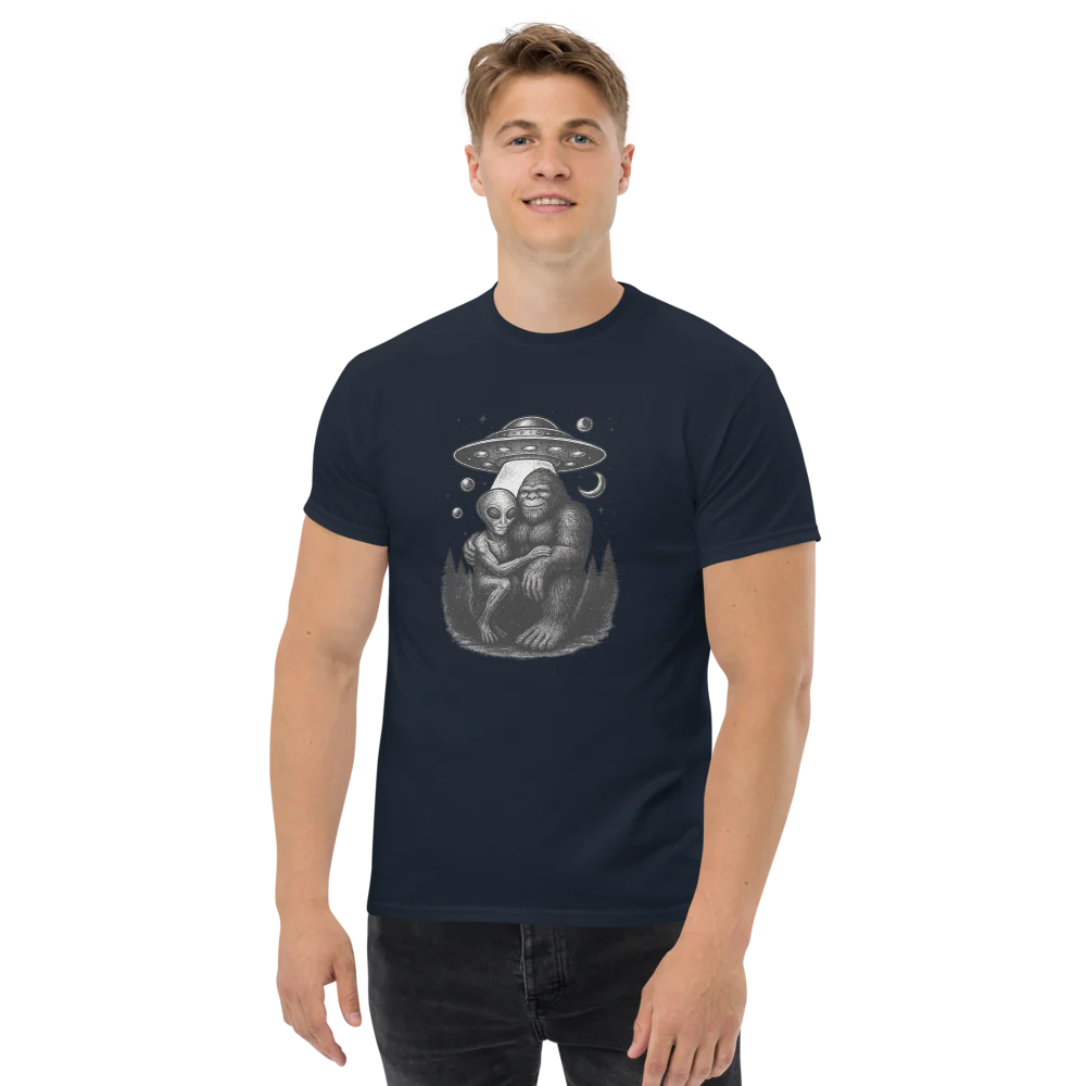 Bigfoot Alien And UFO in Forest Night hugging Funny Gift tshirt - Image 6