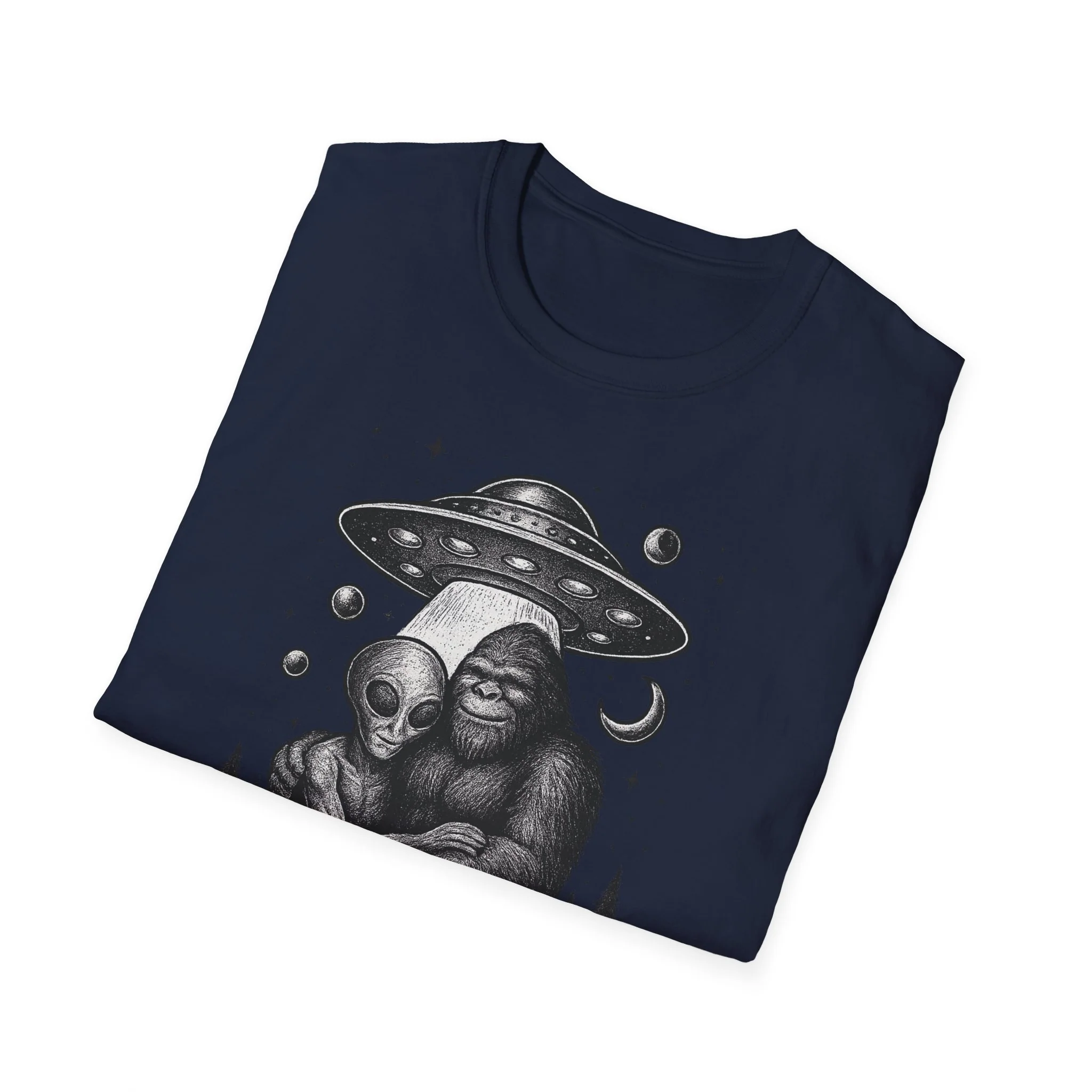 Bigfoot Alien And UFO in Forest Night hugging Funny Gift tshirt - Image 9