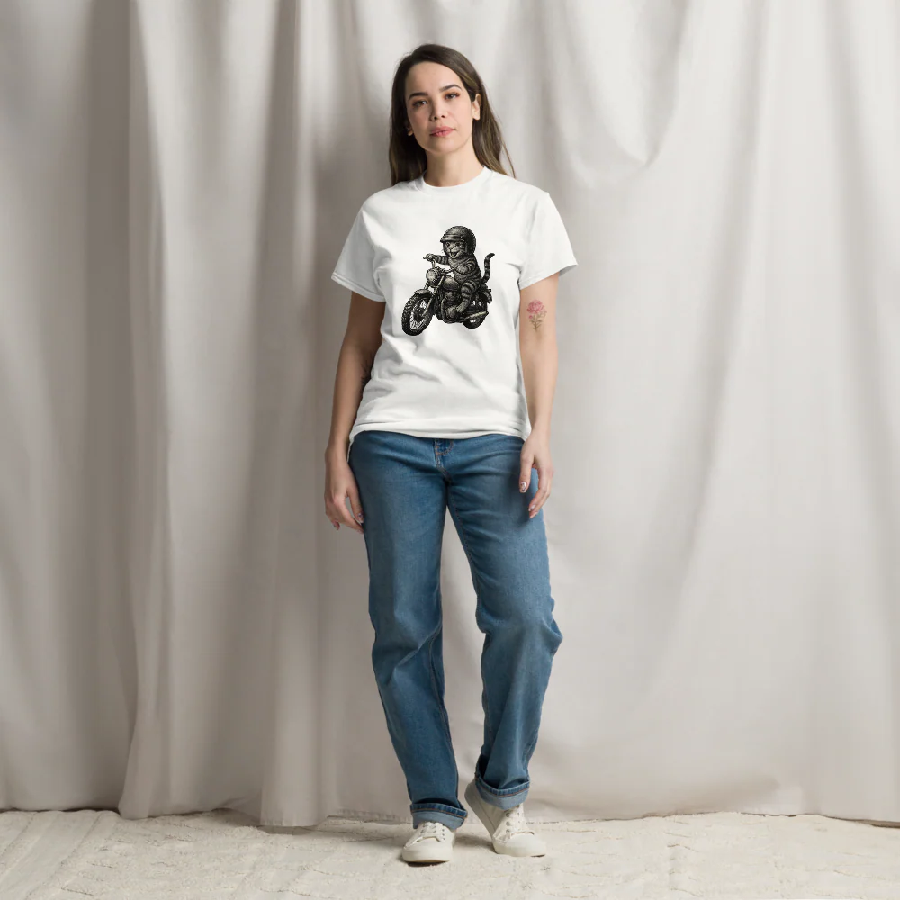 Cat Riding Motorbike Funny Biker Cat Tee - Image 3