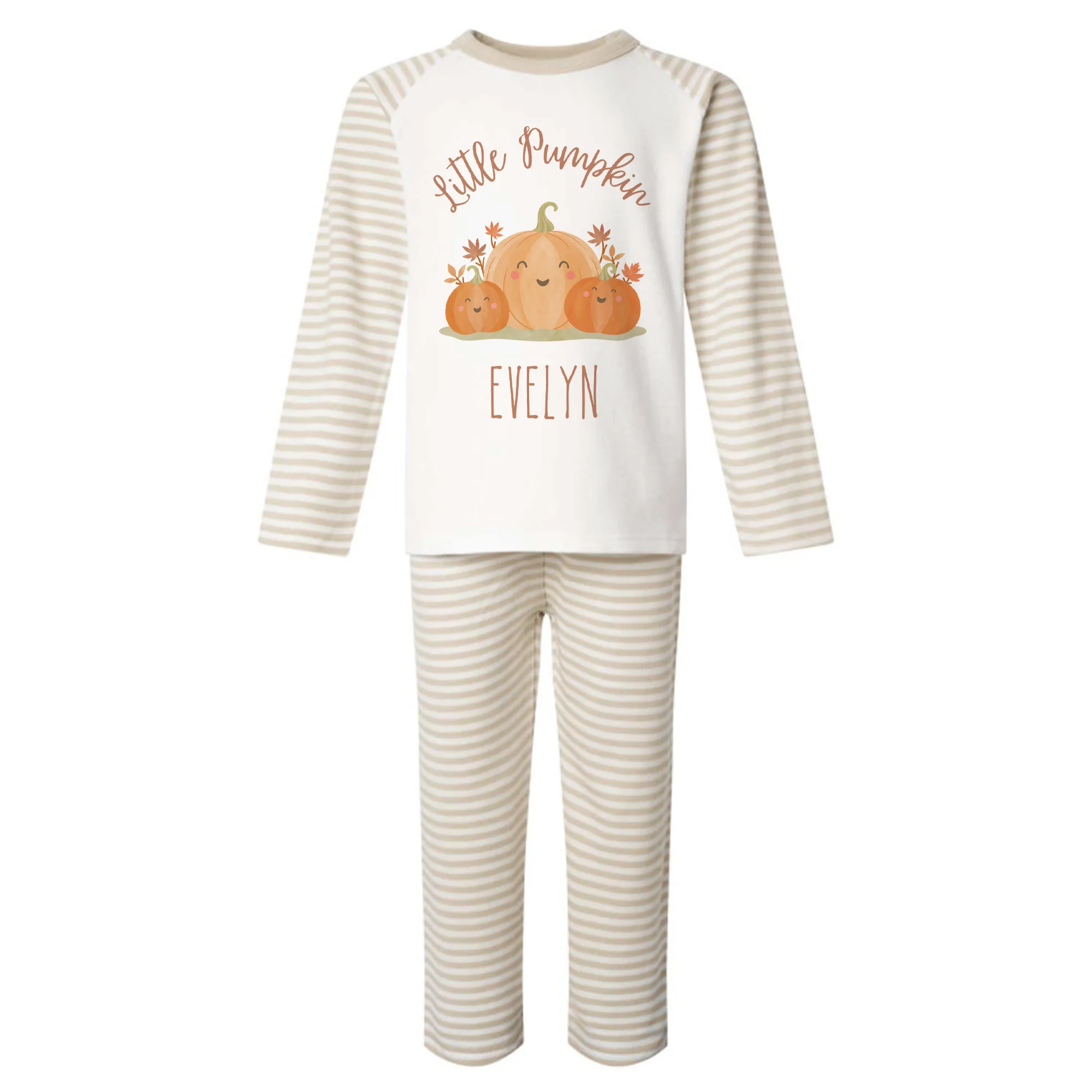 Little Pumpkin Seasonal PJs/pyjamas/Halloween/cream stripe/sage green stripe - Image 3