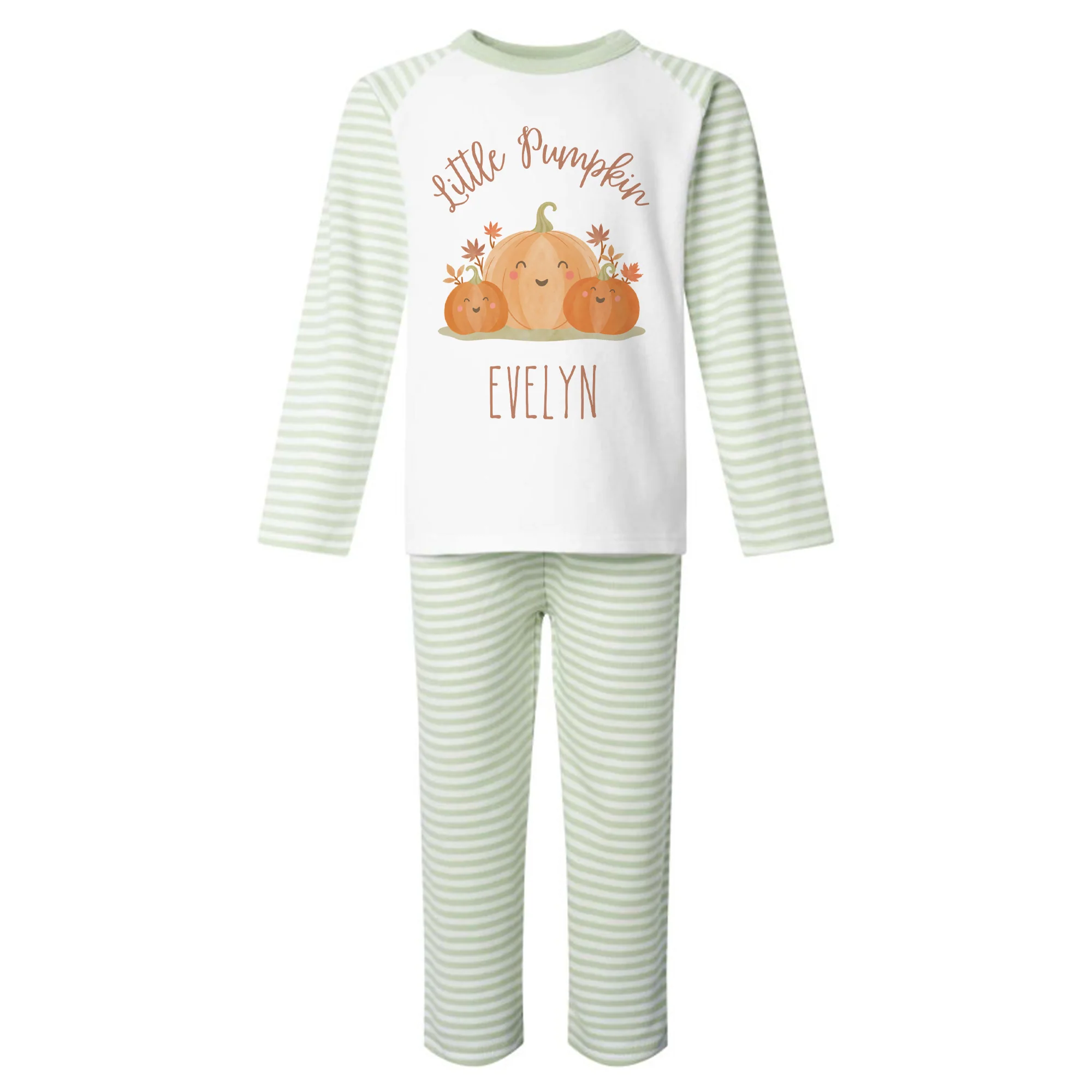 Little Pumpkin Seasonal PJs/pyjamas/Halloween/cream stripe/sage green stripe - Image 4