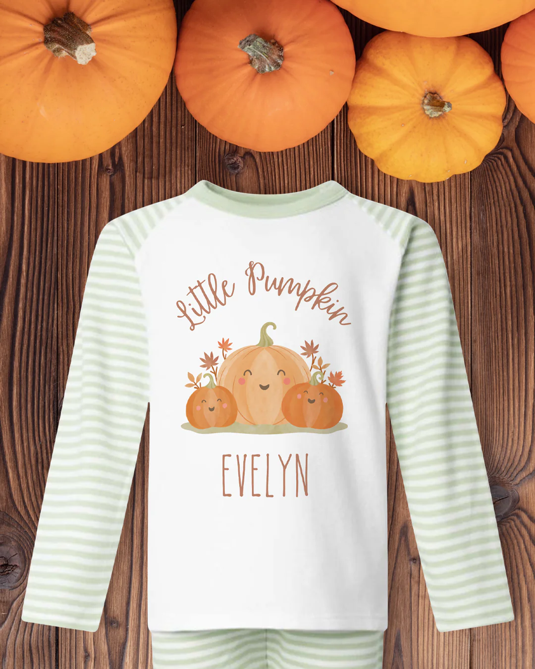 Little Pumpkin Seasonal PJs/pyjamas/Halloween/cream stripe/sage green stripe - Image 5