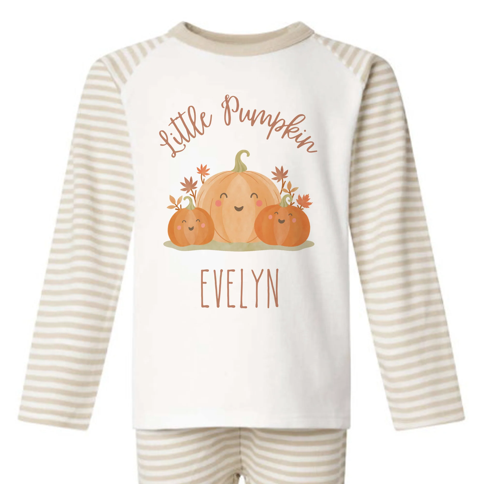 Little Pumpkin Seasonal PJs/pyjamas/Halloween/cream stripe/sage green stripe - Image 6