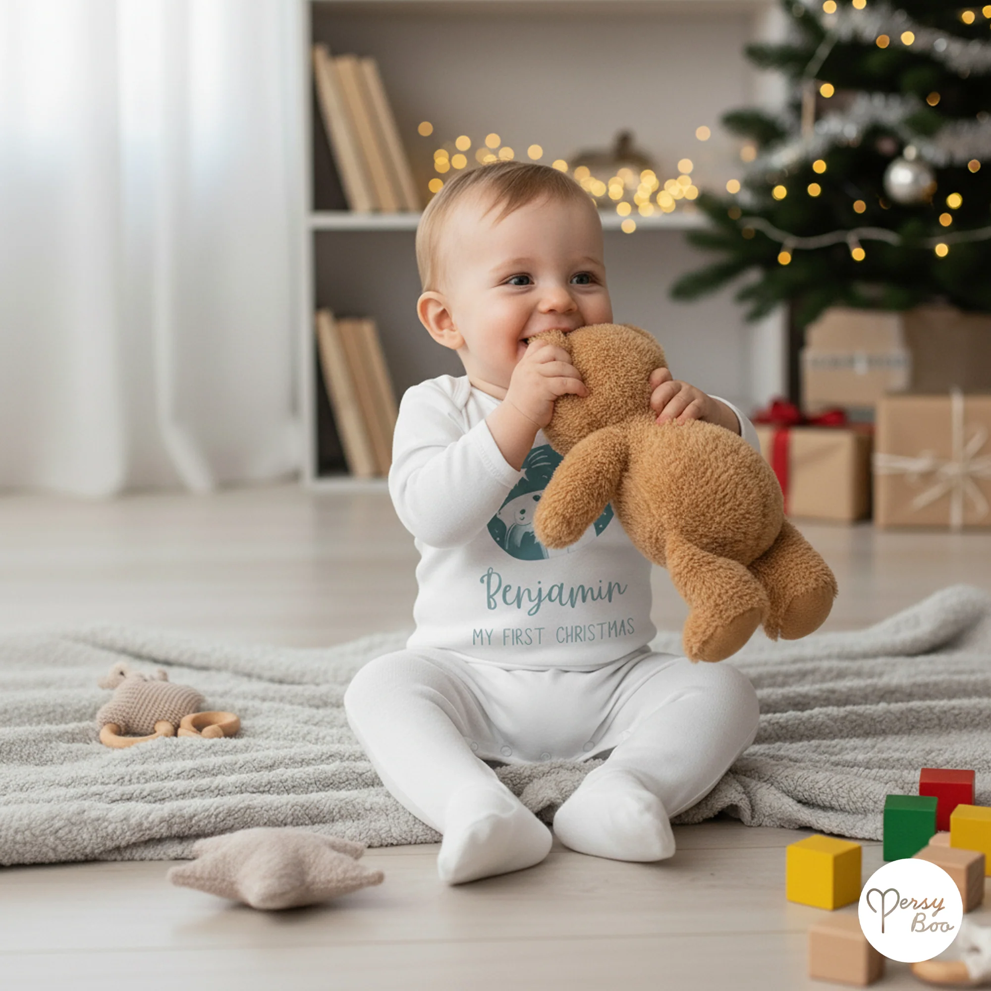 'My First Christmas' Blue Polar Bear Romper - Personalised Baby Grow - Christmas Pyjamas - Image 6