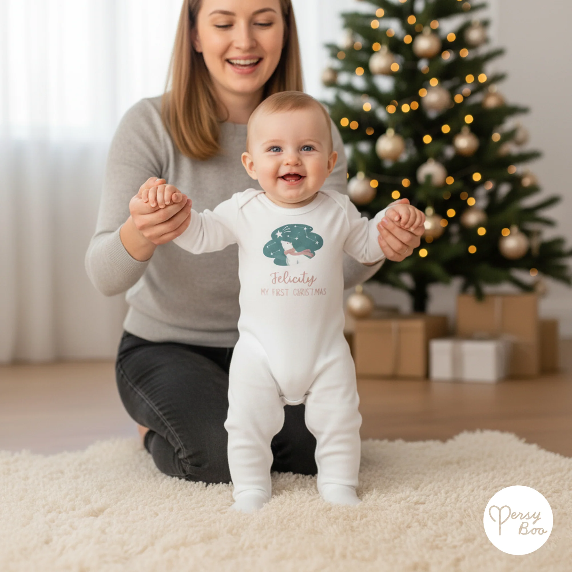 'My First Christmas' Pink Polar Bear Romper - Personalised Baby Grow - Christmas Pyjamas - Image 3