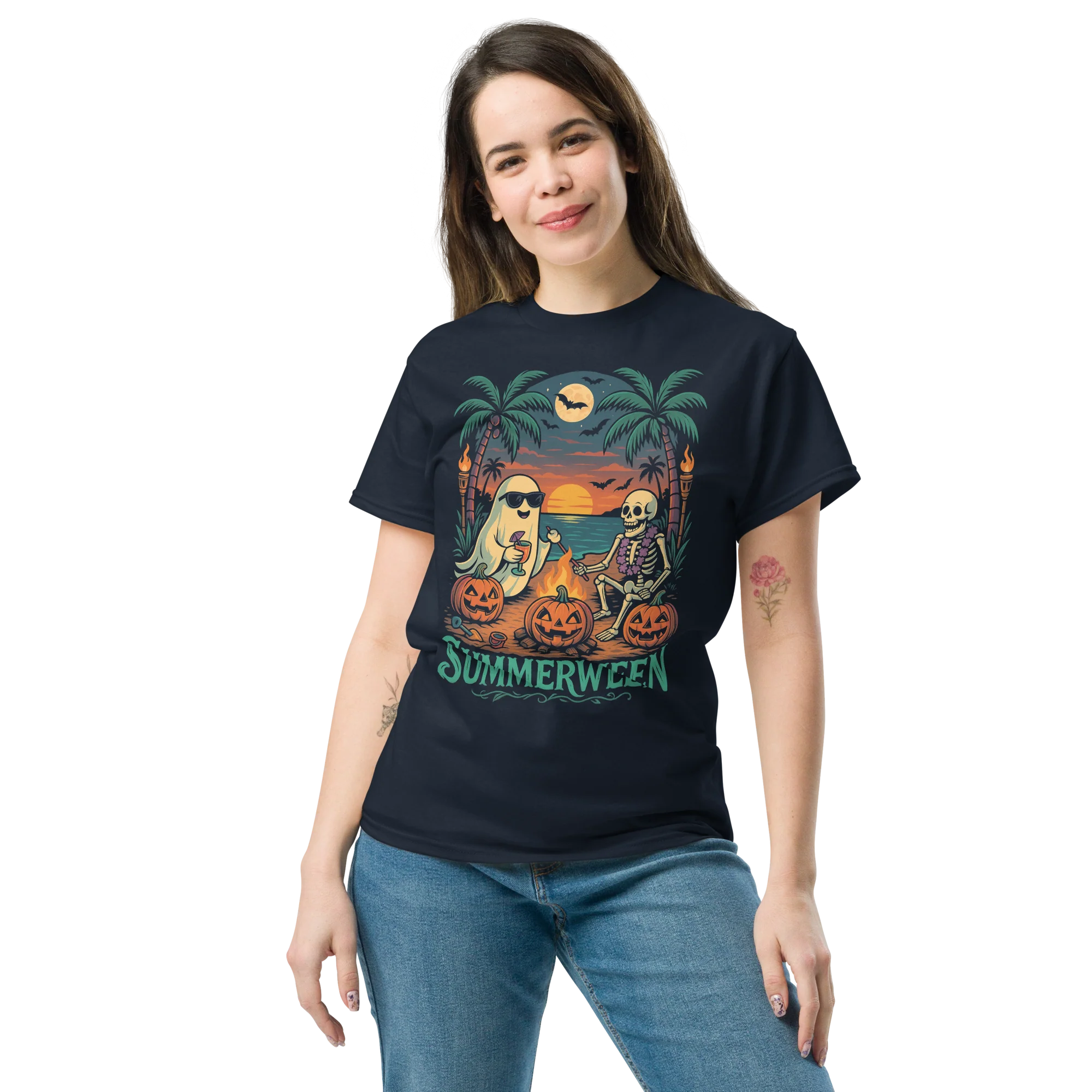 Summerween Skeleton Beach Party Halloween Vibes T-Shirt - Image 7
