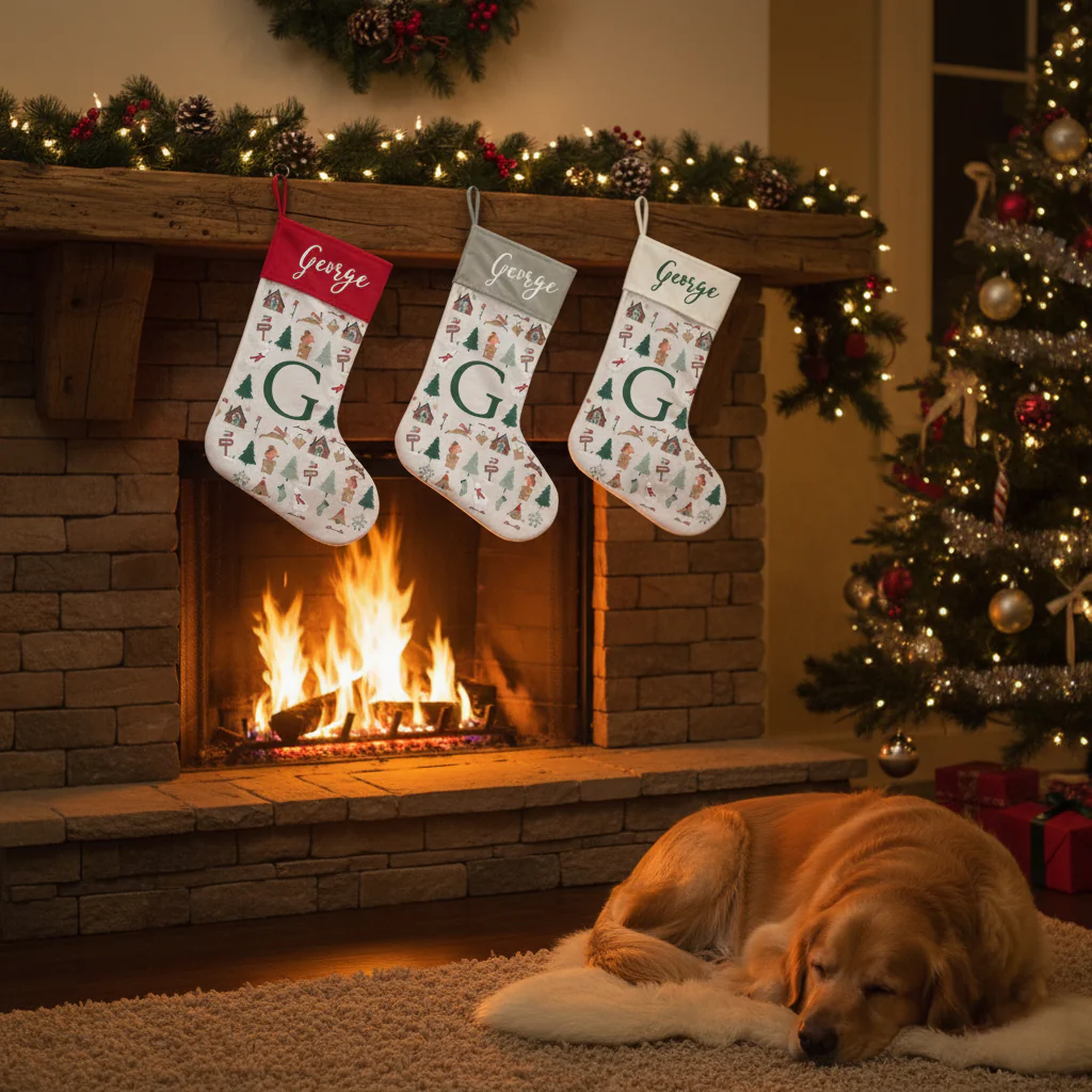 Patterned Festive Forest Stocking With Initial - Image 2