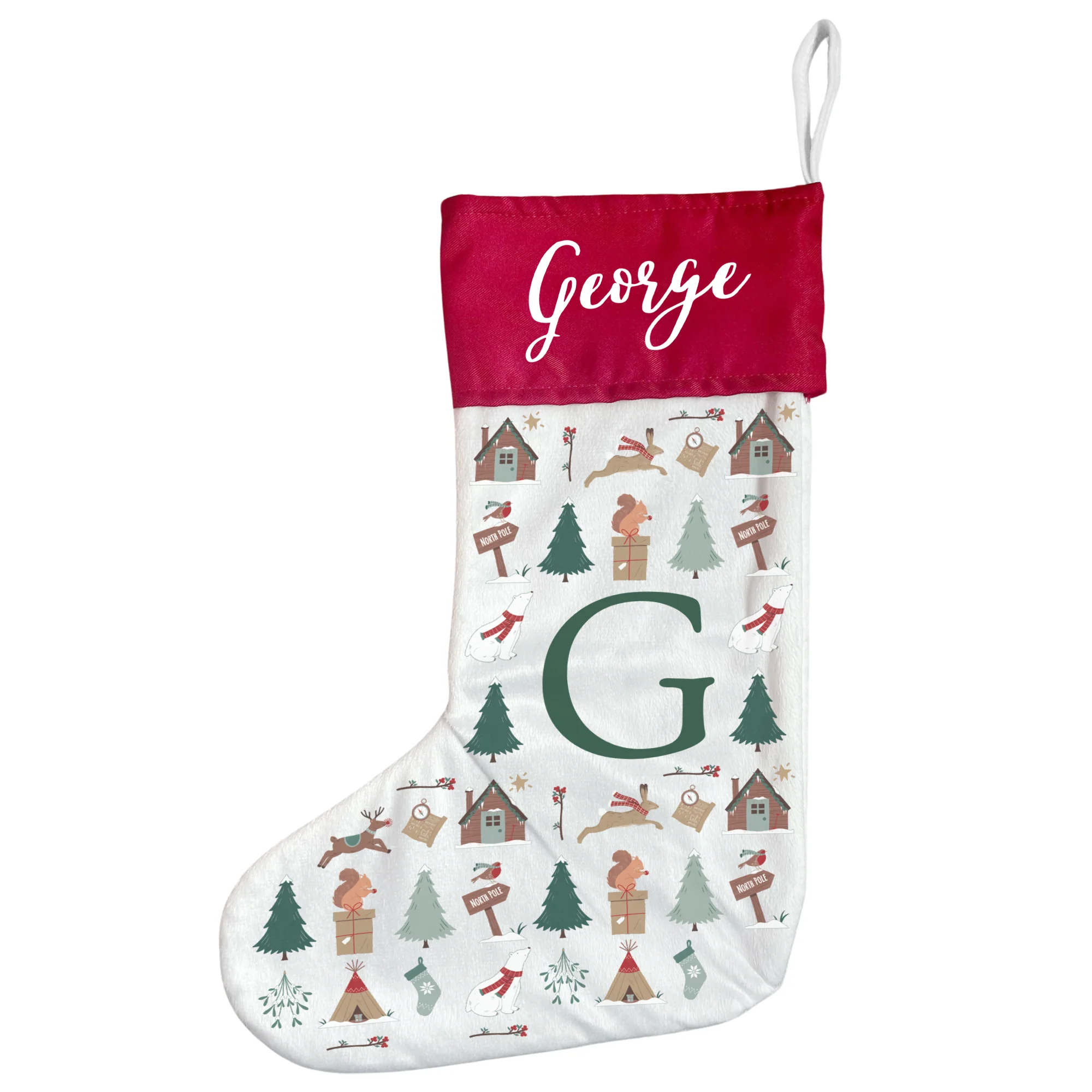 Patterned Festive Forest Stocking With Initial - Image 3