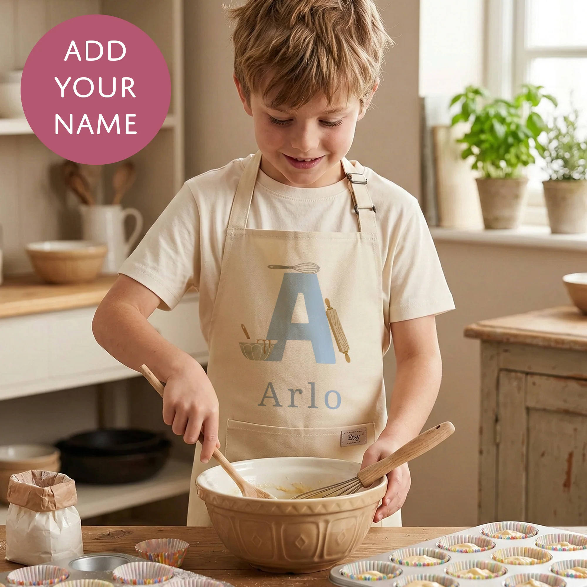 Personalised Blue Initials Apron - Adults and Kids Baking and Cooking Apron Gift - Image 4