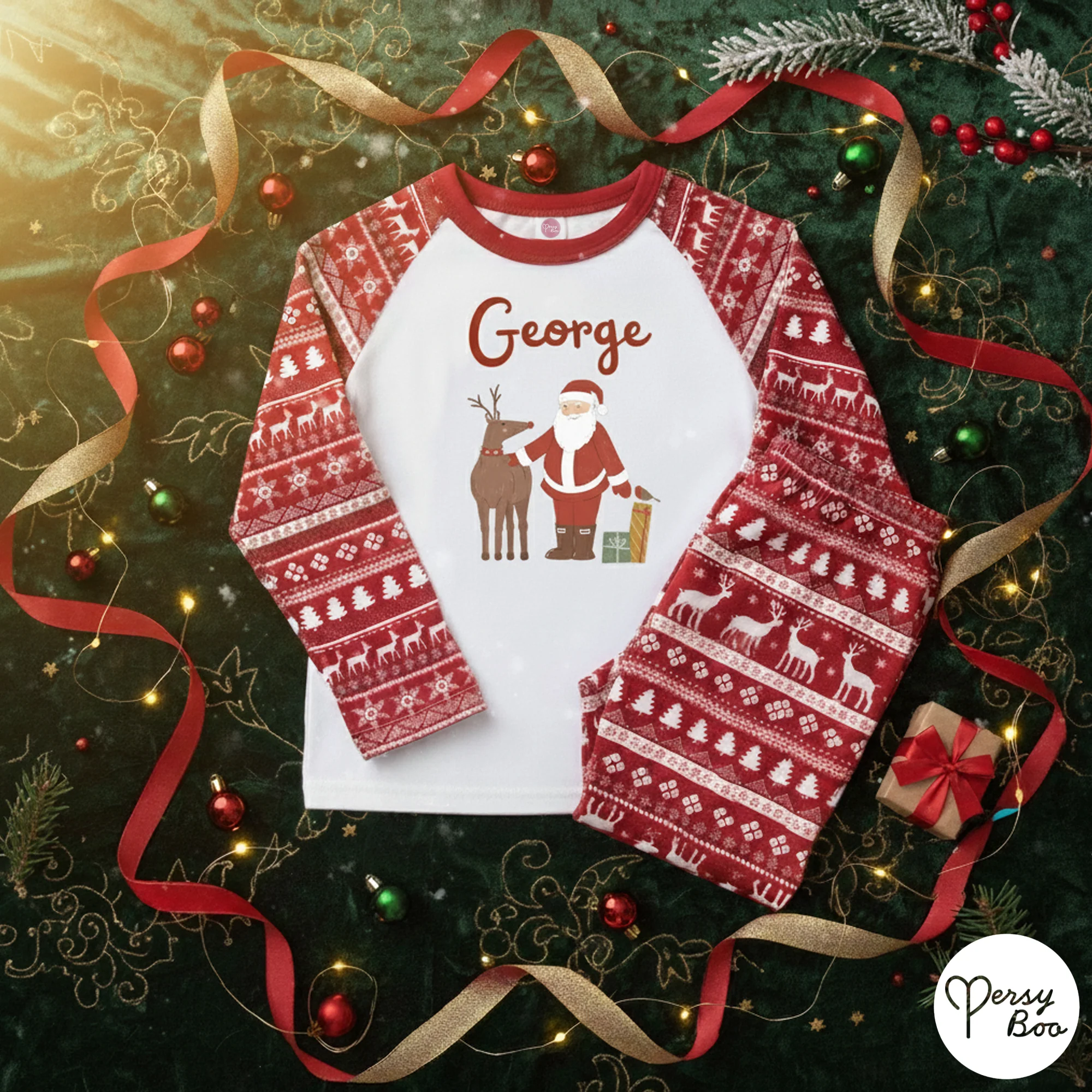 Personalised Christmas Santa and Rudolph Pyjamas - Kids and Adults - Unisex PJ Set