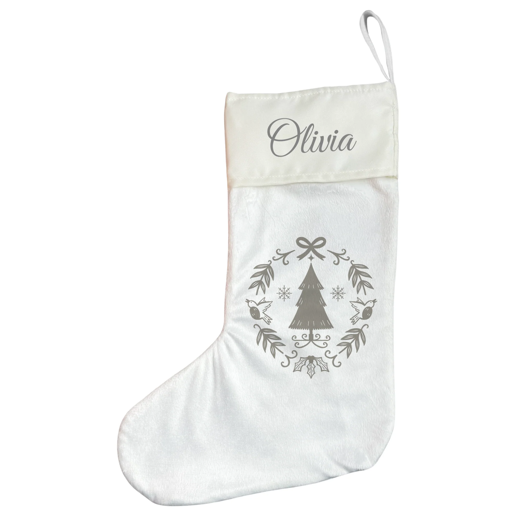 Personalised Christmas Stocking - Grey Scandi Wreath - Image 3