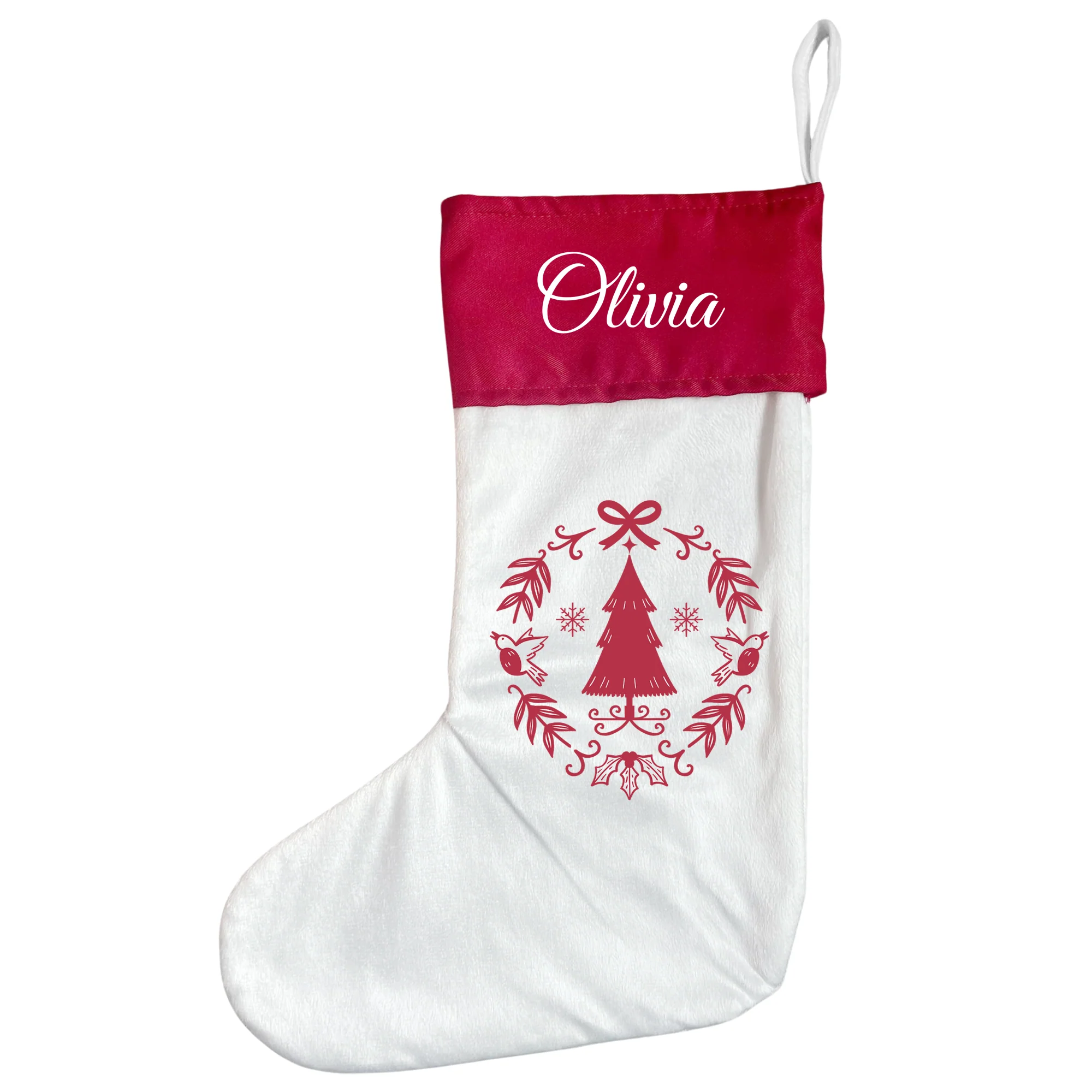 Personalised Christmas Stocking - Red Scandi Wreath - Image 3