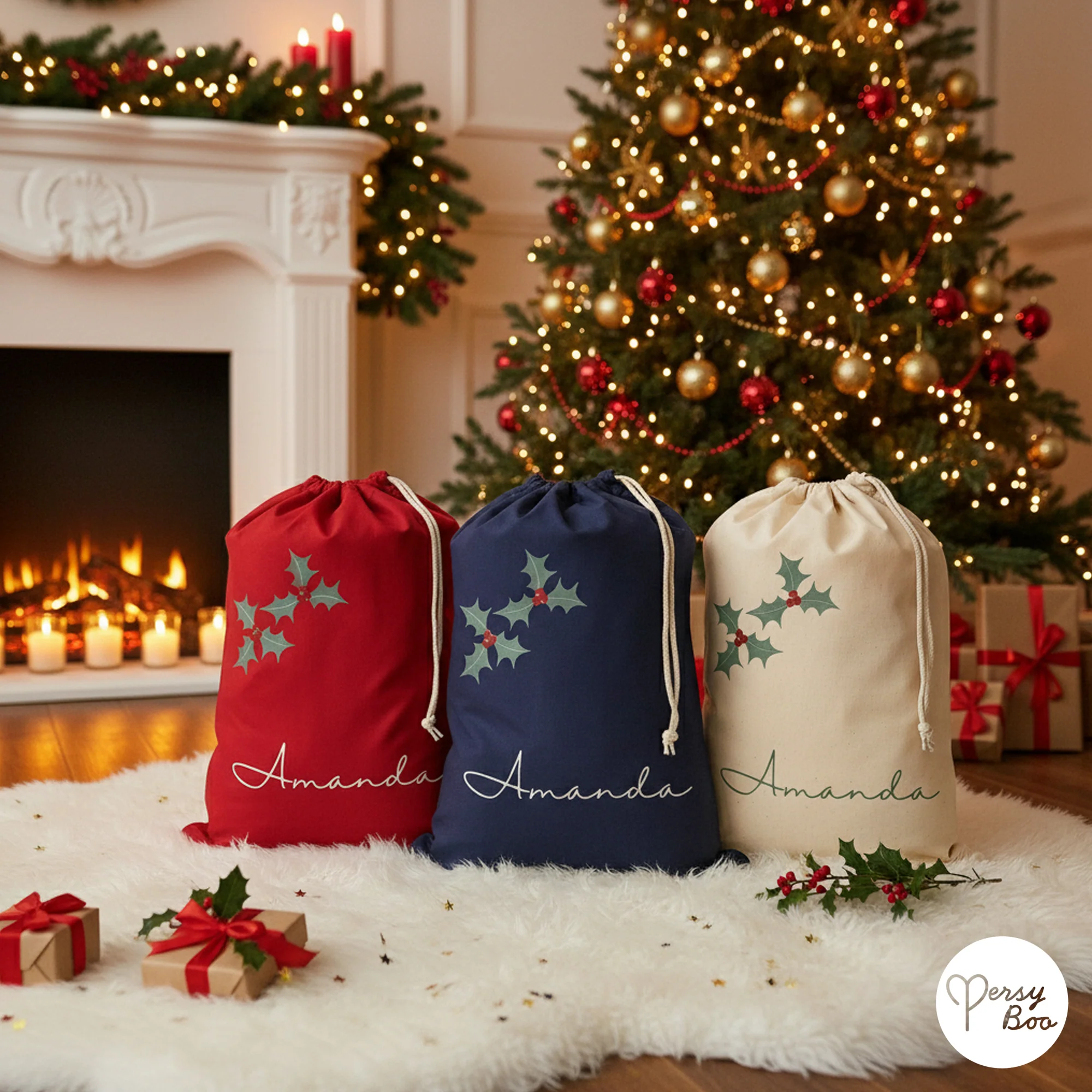 Personalised Holly Sack with Christmas Gifts 100% Cotton - Image 2