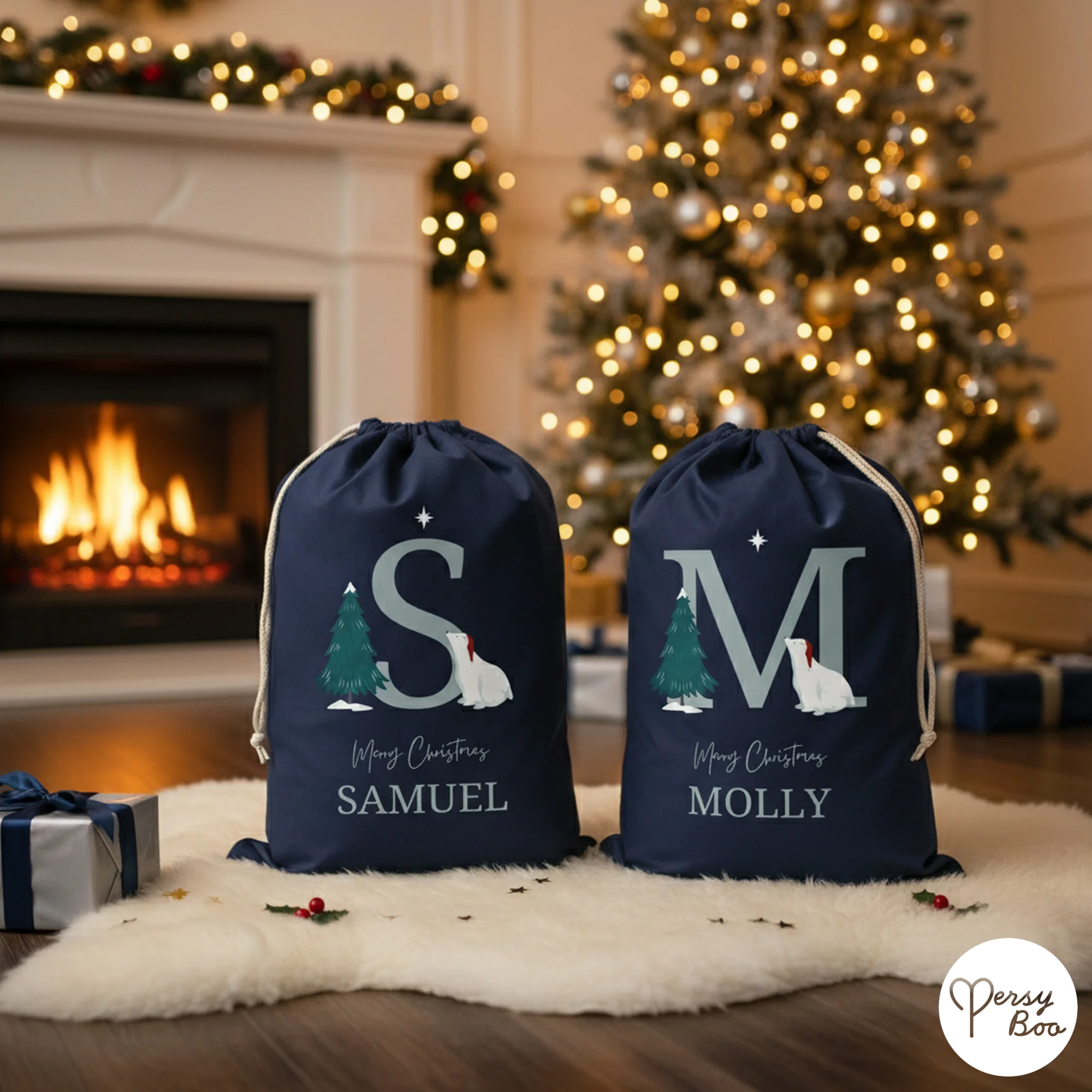 Personalised Polar Bear Sack with Name for Christmas Gifts 100% Cotton - Image 2