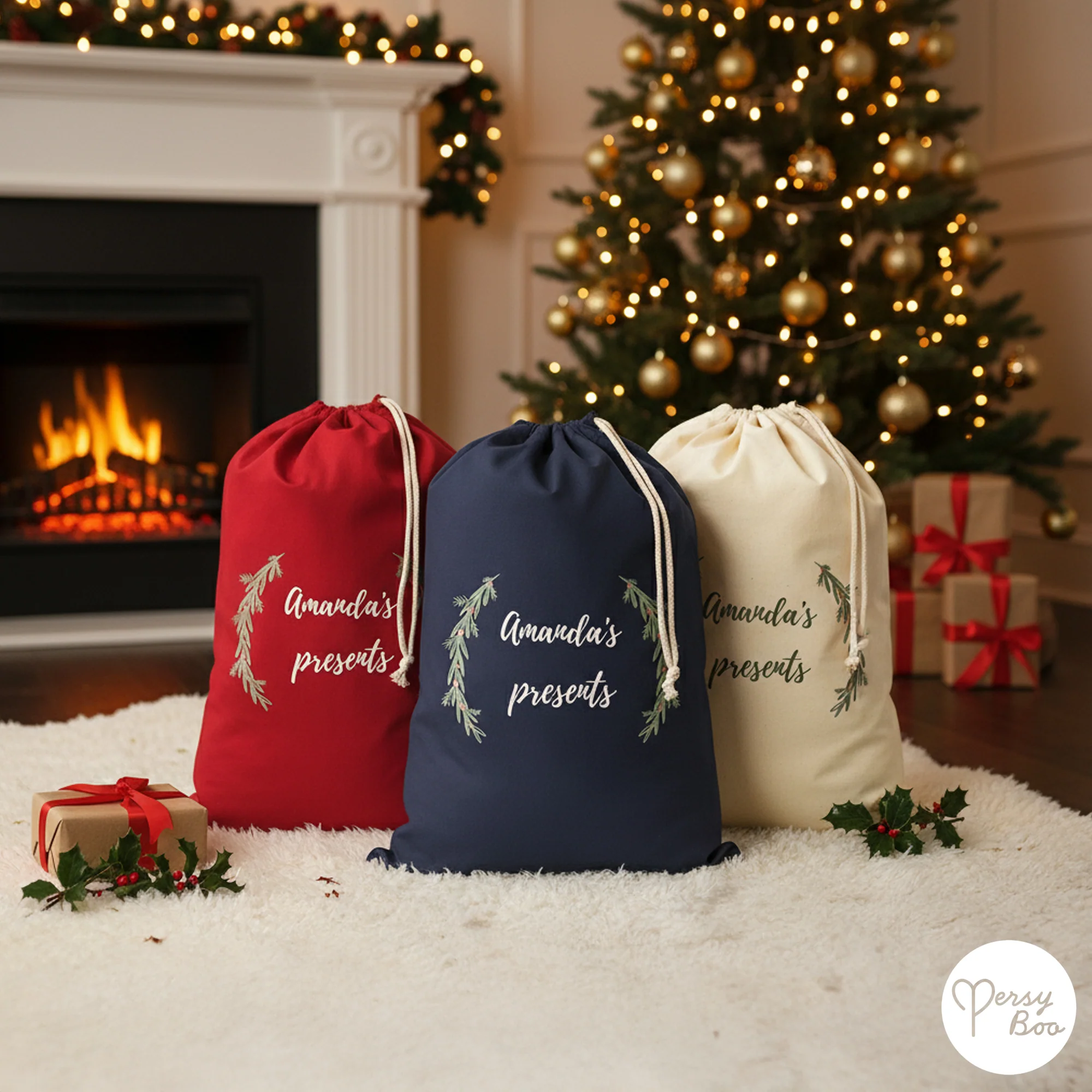 Personalised Wreath Sack with Christmas Gifts 100% Cotton - Image 2