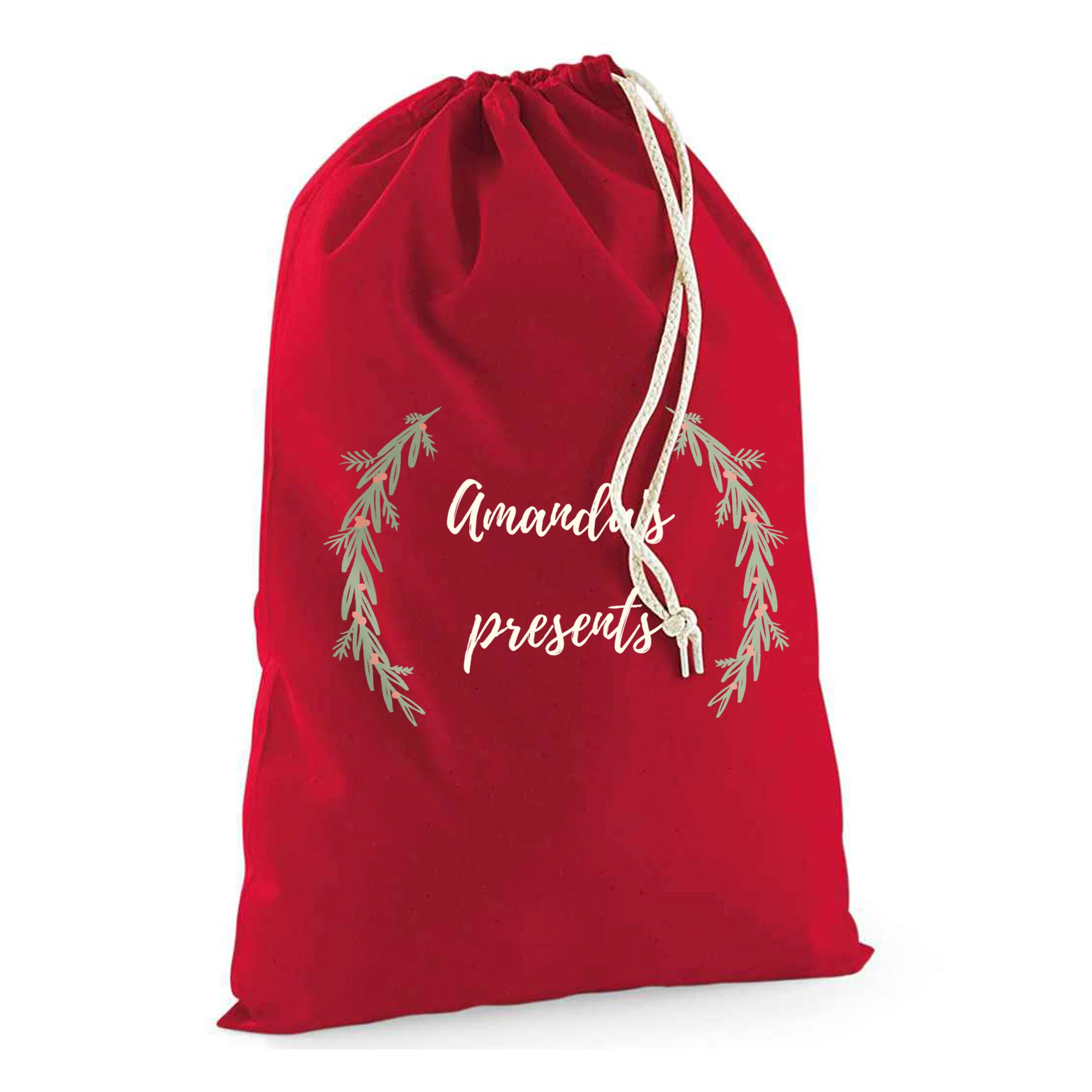 Personalised Wreath Sack with Christmas Gifts 100% Cotton - Image 3