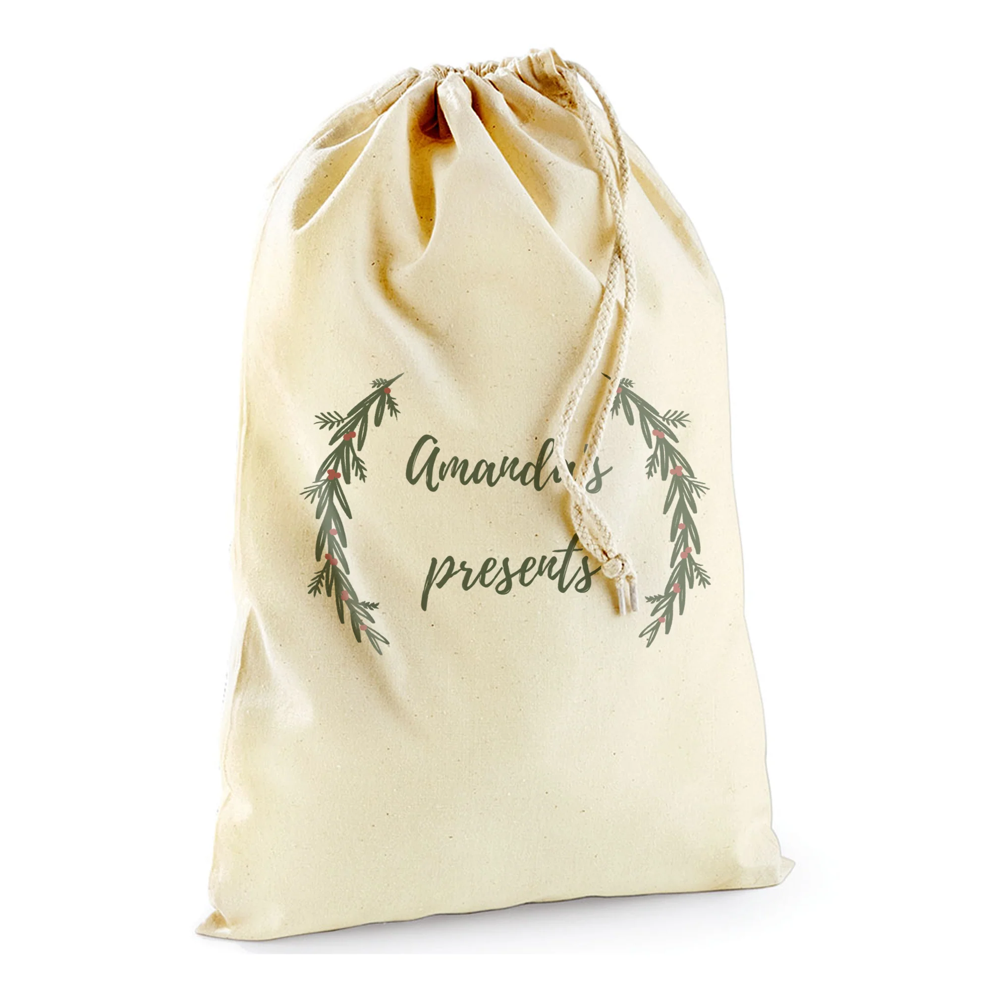 Personalised Wreath Sack with Christmas Gifts 100% Cotton - Image 4