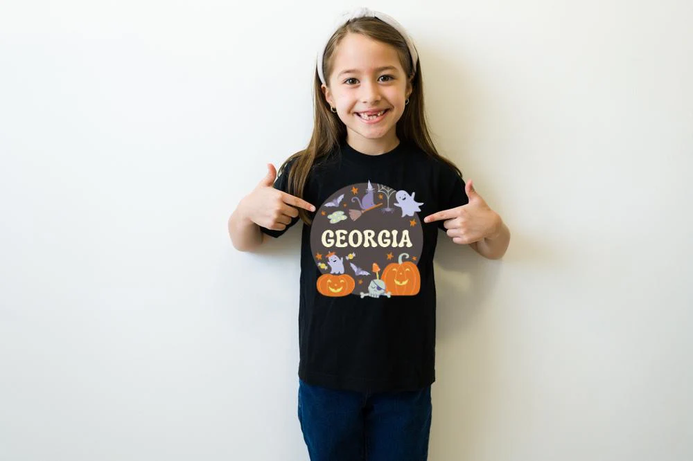 Spooky Halloween T-Shirt with Pumpkins, Spiders, Cat, Ghost & Bats personalised with any name - Image 3