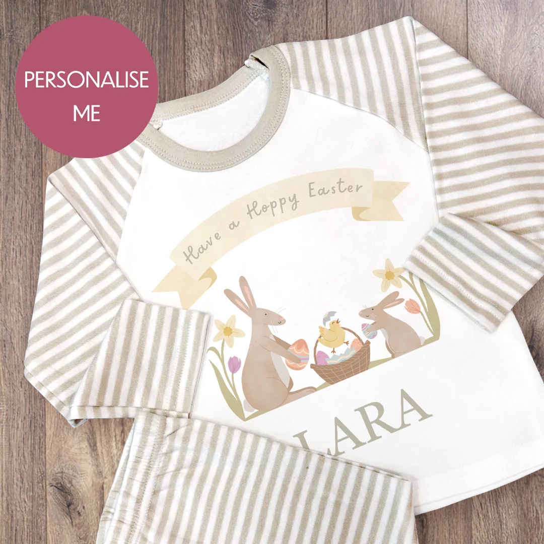 Hoppy Easter - Personalised Kids Pyjamas - Stripe Set - Image 2